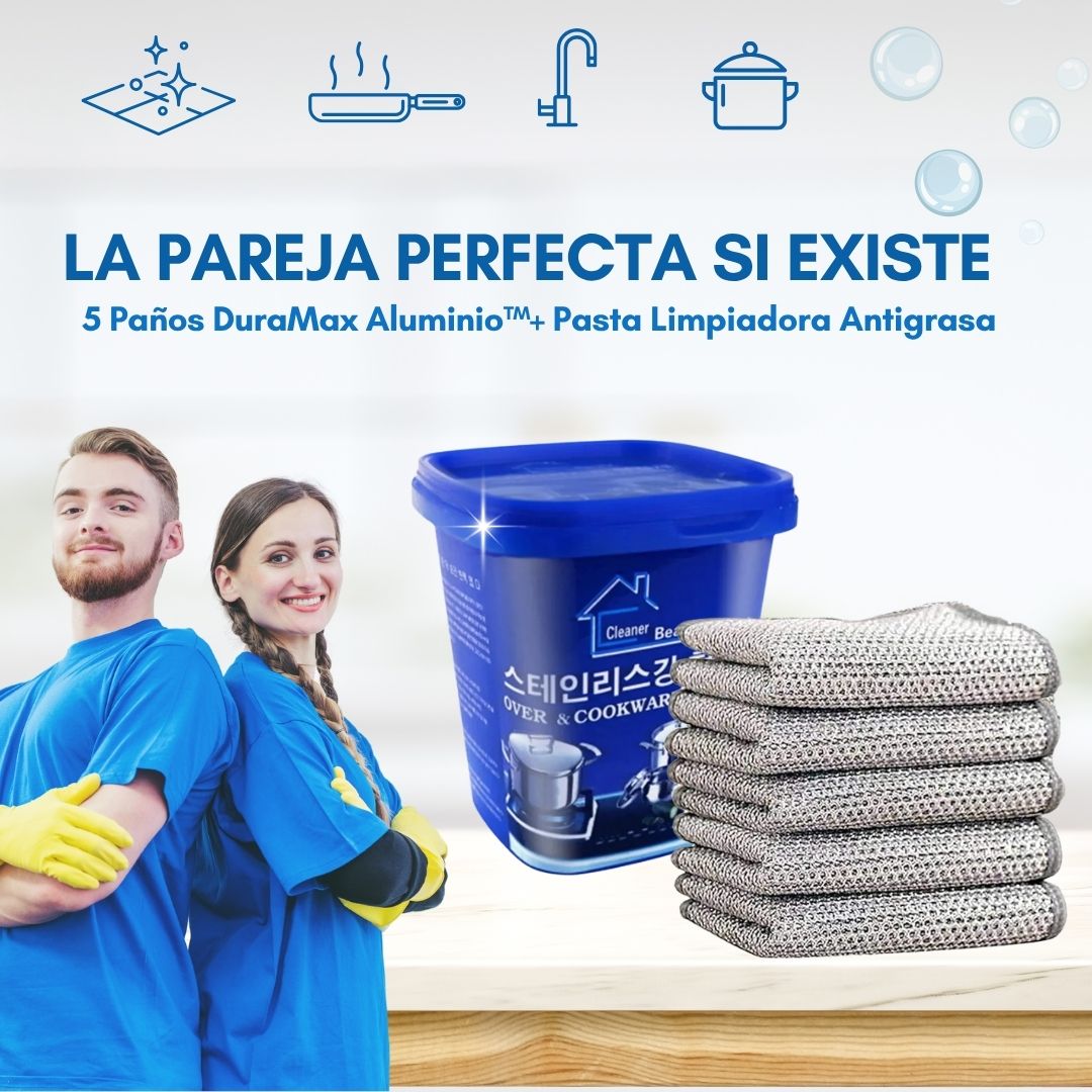 🔥 PACK LIMPIEZA TOTAL: 5 Paños DuraMax Aluminio™+ Pasta Limpiadora Antigrasa